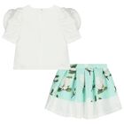 Girls White & Green Floral Skirt Set, 1, hi-res
