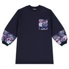 فستان بنات سويت شيرت مطرز باللون الكحلى , 1, hi-res