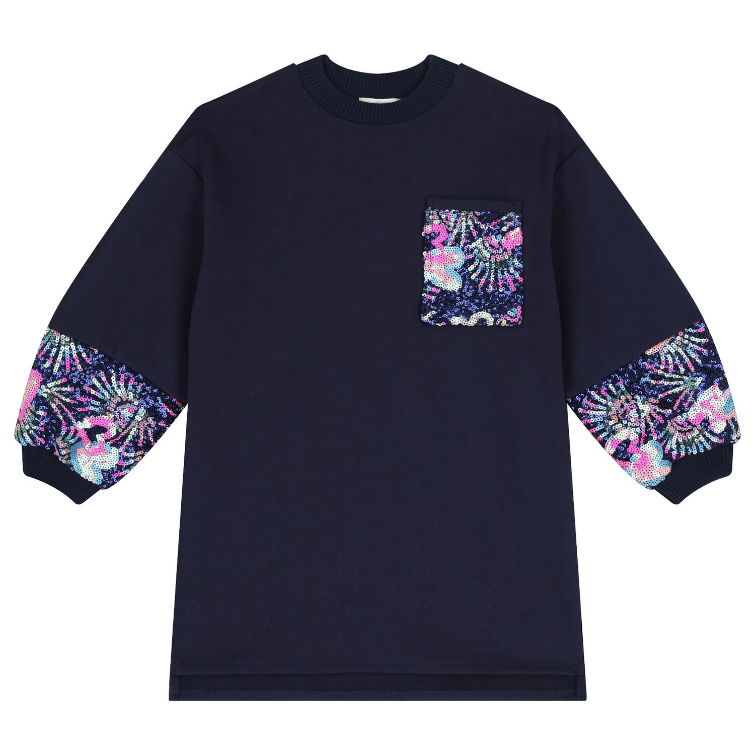 فستان بنات سويت شيرت مطرز باللون الكحلى , 1, hi-res image number null