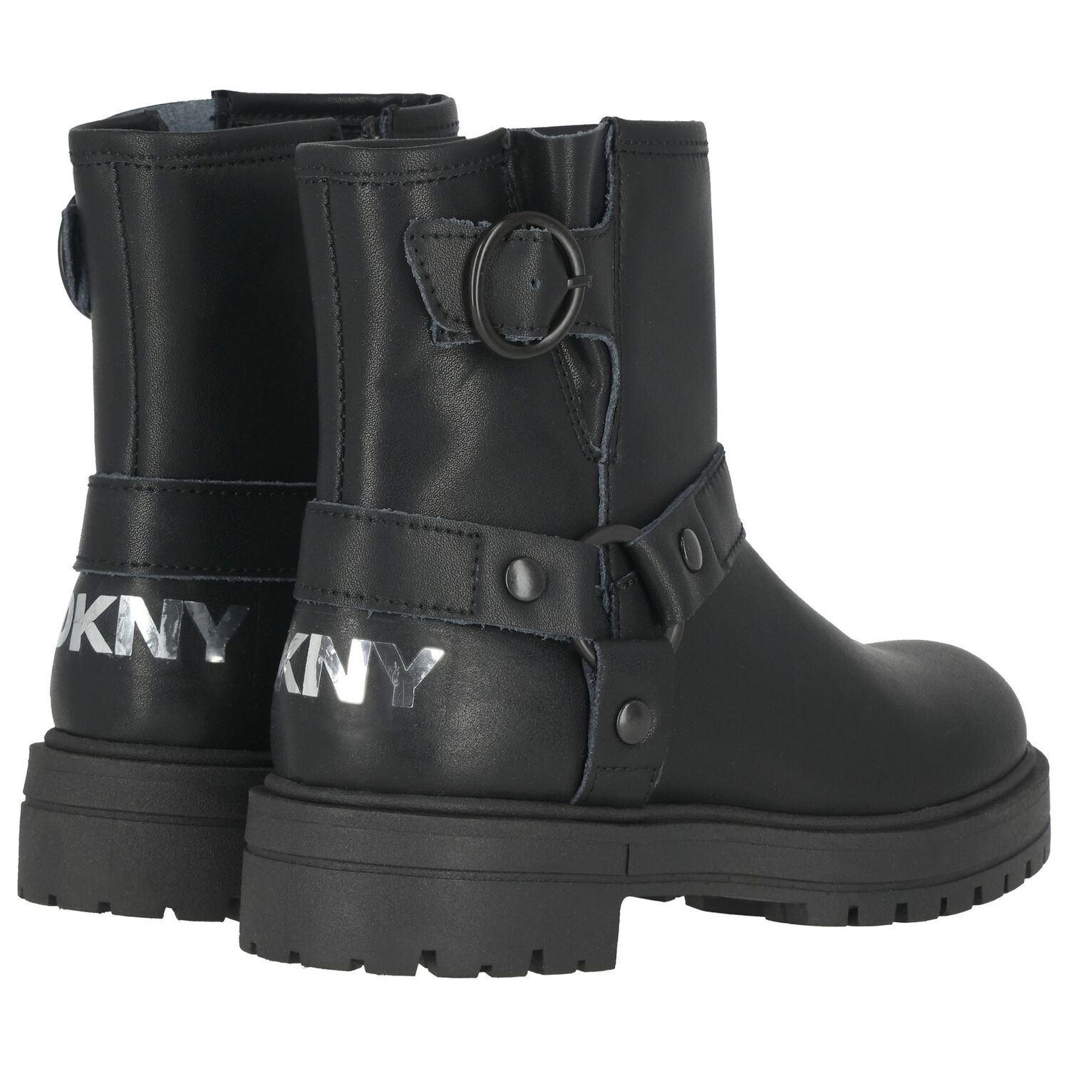 Girls Black Logo Leather Boots, 1, hi-res