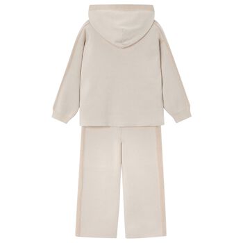 Girls Beige Knitted Hooded Tracksuit