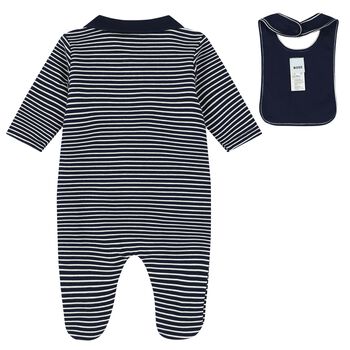 Baby Boys Navy Blue & White Striped Babygrow Gift Set