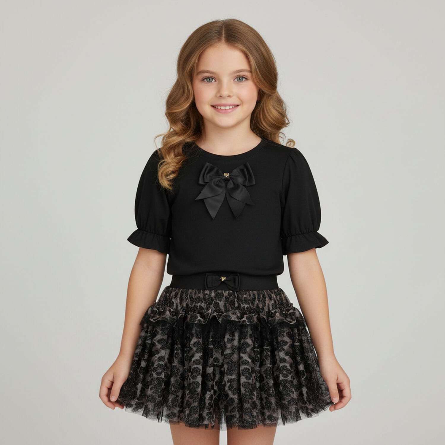Girls Black Bow T-Shirt, 1, hi-res