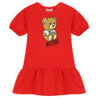 Girls Red Teddy Bear Logo Dress, 1, hi-res