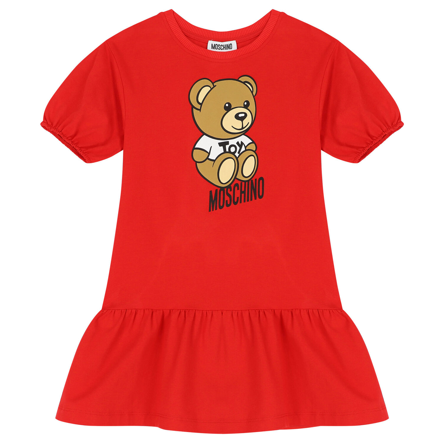 Girls Red Teddy Bear Logo Dress, 1, hi-res