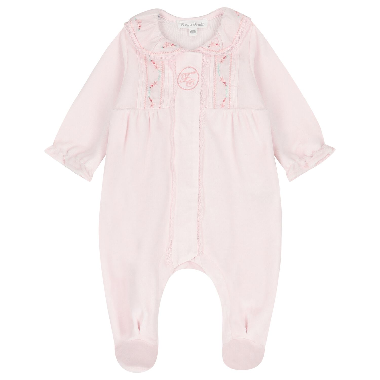 Baby Girls Pink Embroidered Collar Babygrow, 2, hi-res