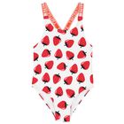 مايوة سباحة باللون الأبيض بطبعة الفراولة للبنات, 1, hi-res