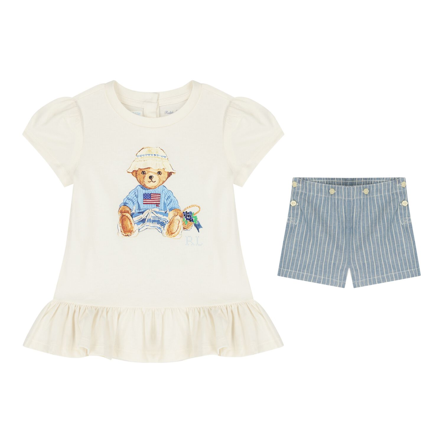 Baby Girls Ivory & Blue Teddy Bear Shorts Set, 1, hi-res