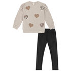 طقم ليغينز بنات باللون البيج والاسود, 1, hi-res