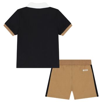 Baby Boys Black & Beige Polo & Shorts Set