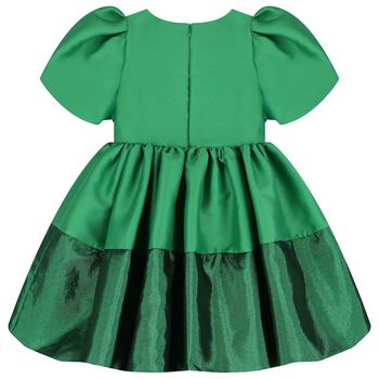 Girls Green Bow Pleated Twill Dress