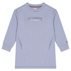 فستان بنات سويت شيرت بالشعار مزين بالزهور باللون الازرق , 2, hi-res