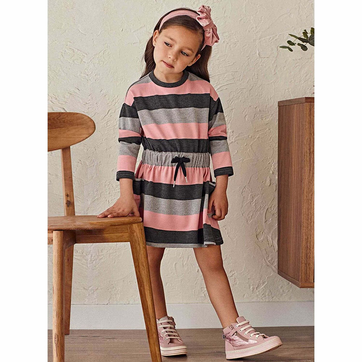 Girls Pink & Grey Striped Dress, 1, hi-res