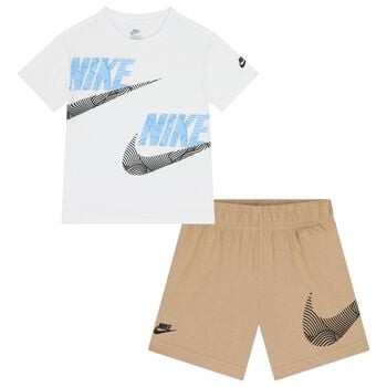 Boys White & Beige Logo Shorts Set