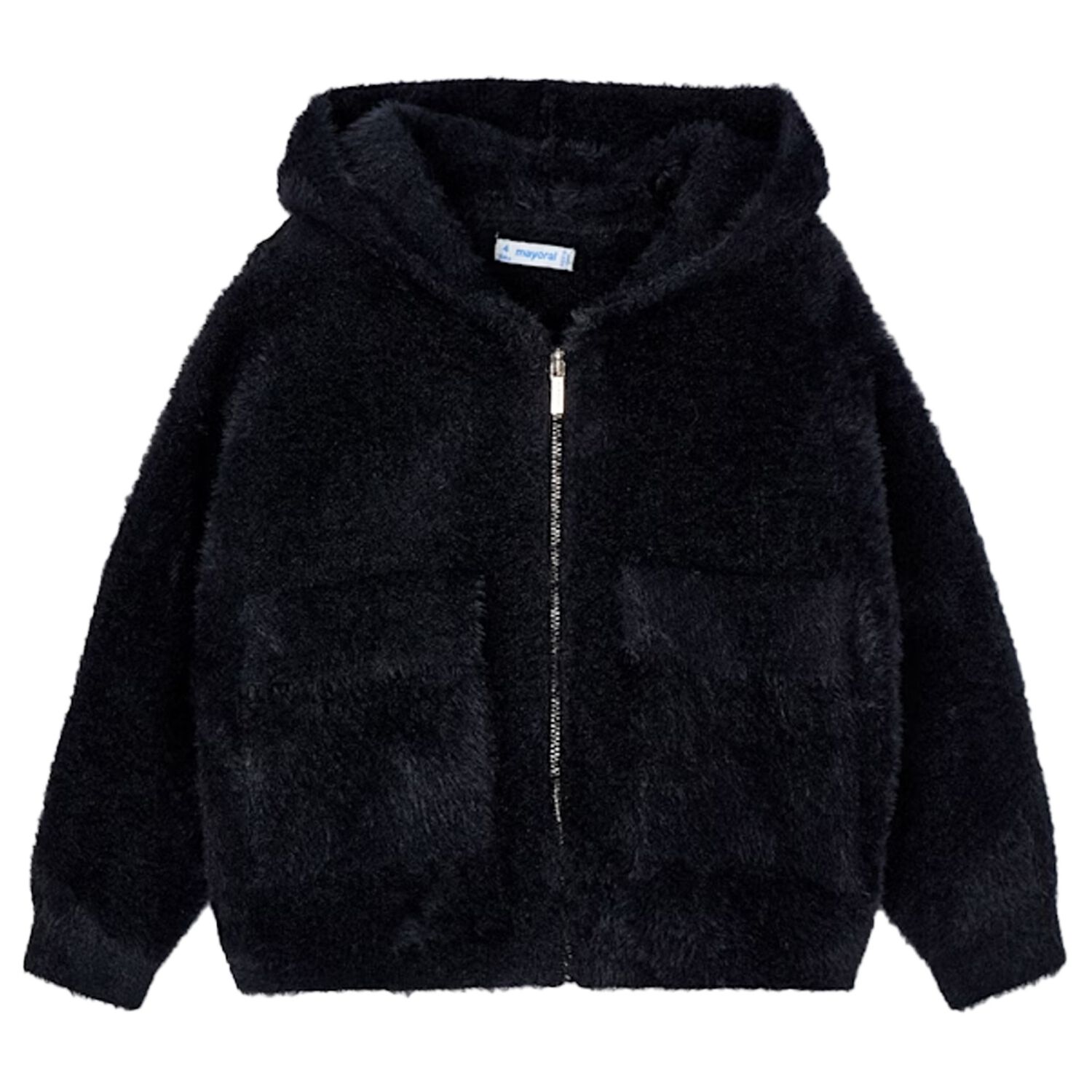 Girls Black Fluffy Knit Hooded Zip Up Top, 1, hi-res