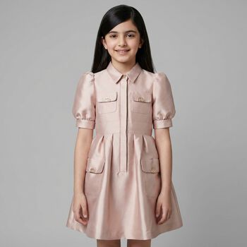 Girls Pink Satin Puff Sleeve Dress