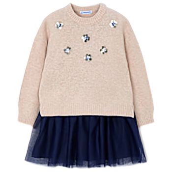 طقم فستان تول للبنات باللون البيج والأزرق الداكن