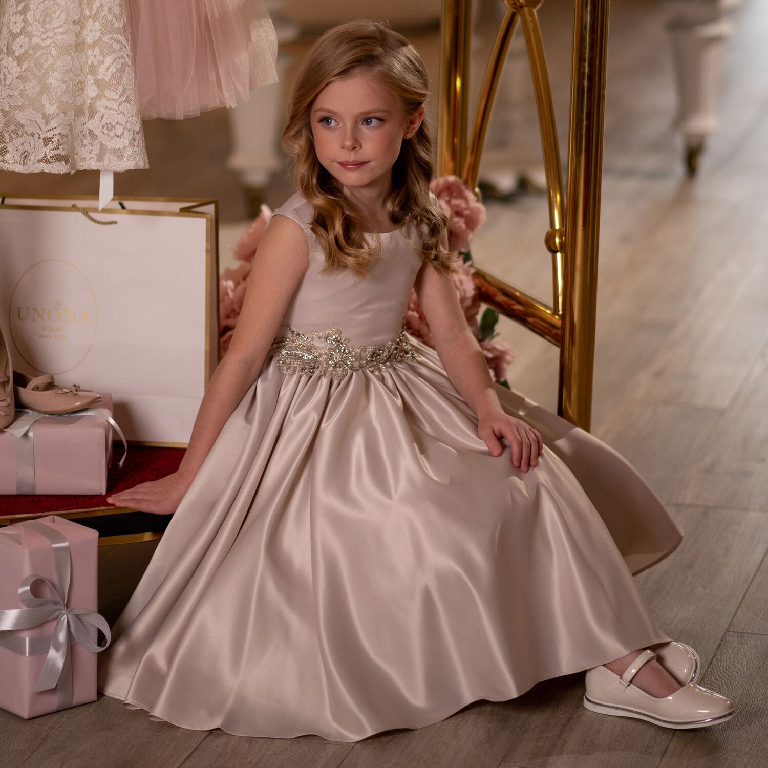 Girls Beige Crystal Waist & Satin Dress , 1, hi-res