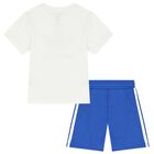 White & Blue Logo Shorts Set, 1, hi-res