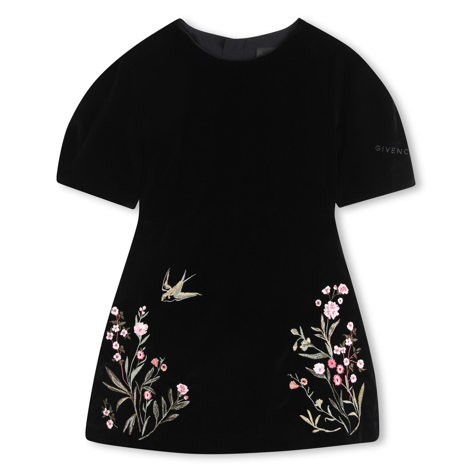 Girls Black Floral Velvet Dress, 1, hi-res