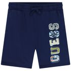 Boys Navy Blue Logo Shorts, 1, hi-res