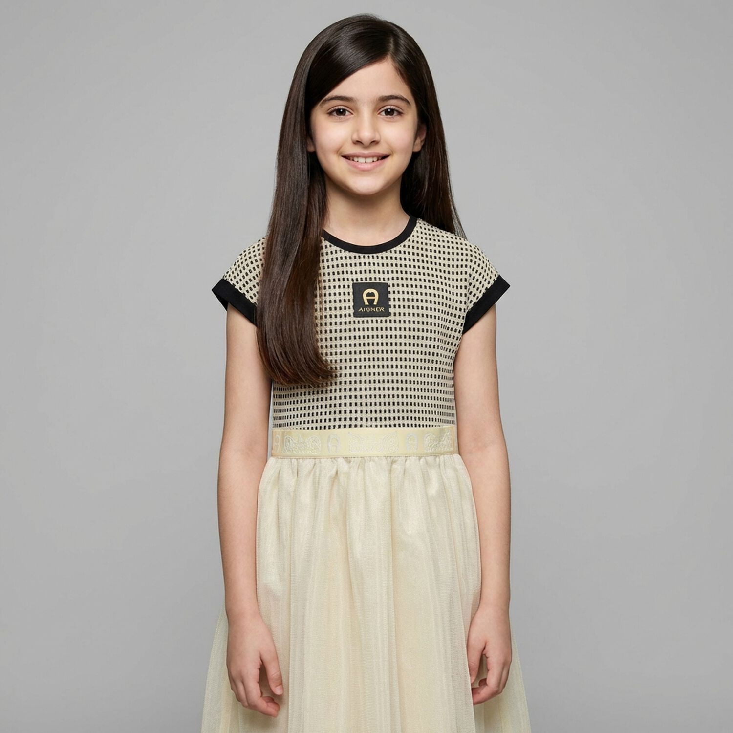 Girls Black & Gold Logo Dress, 2, hi-res