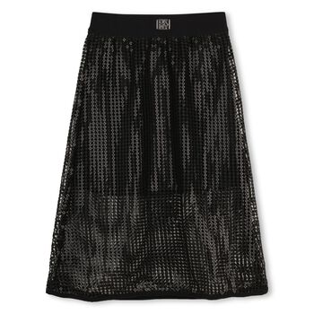 Girls Black Logo Sequin Mesh Midi Skirt