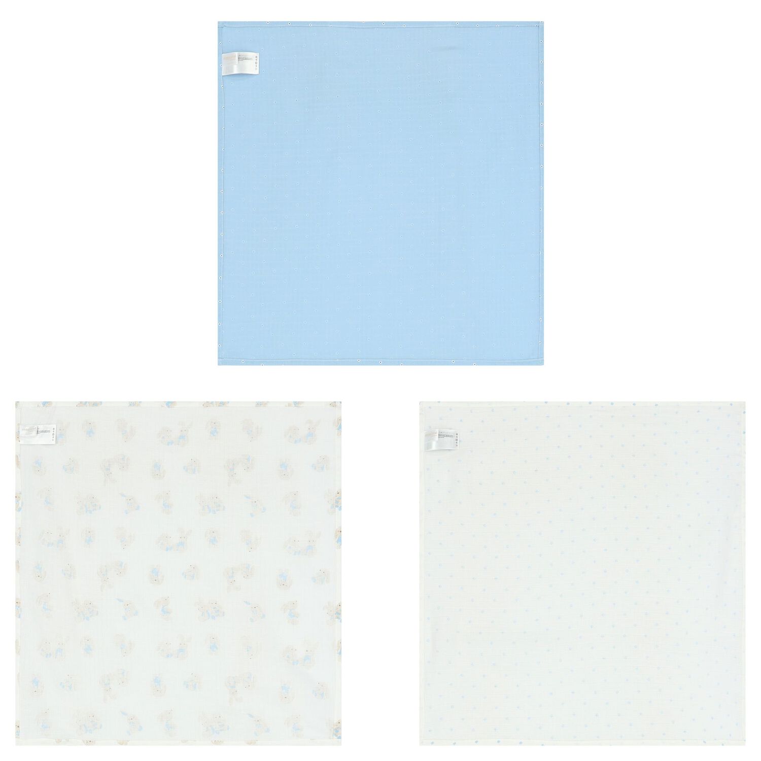 Baby Boys White, Ivory & Blue Muslin Swaddles (3-Pack), 1, hi-res