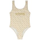 Girls Beige Logo Swimsuit, 1, hi-res