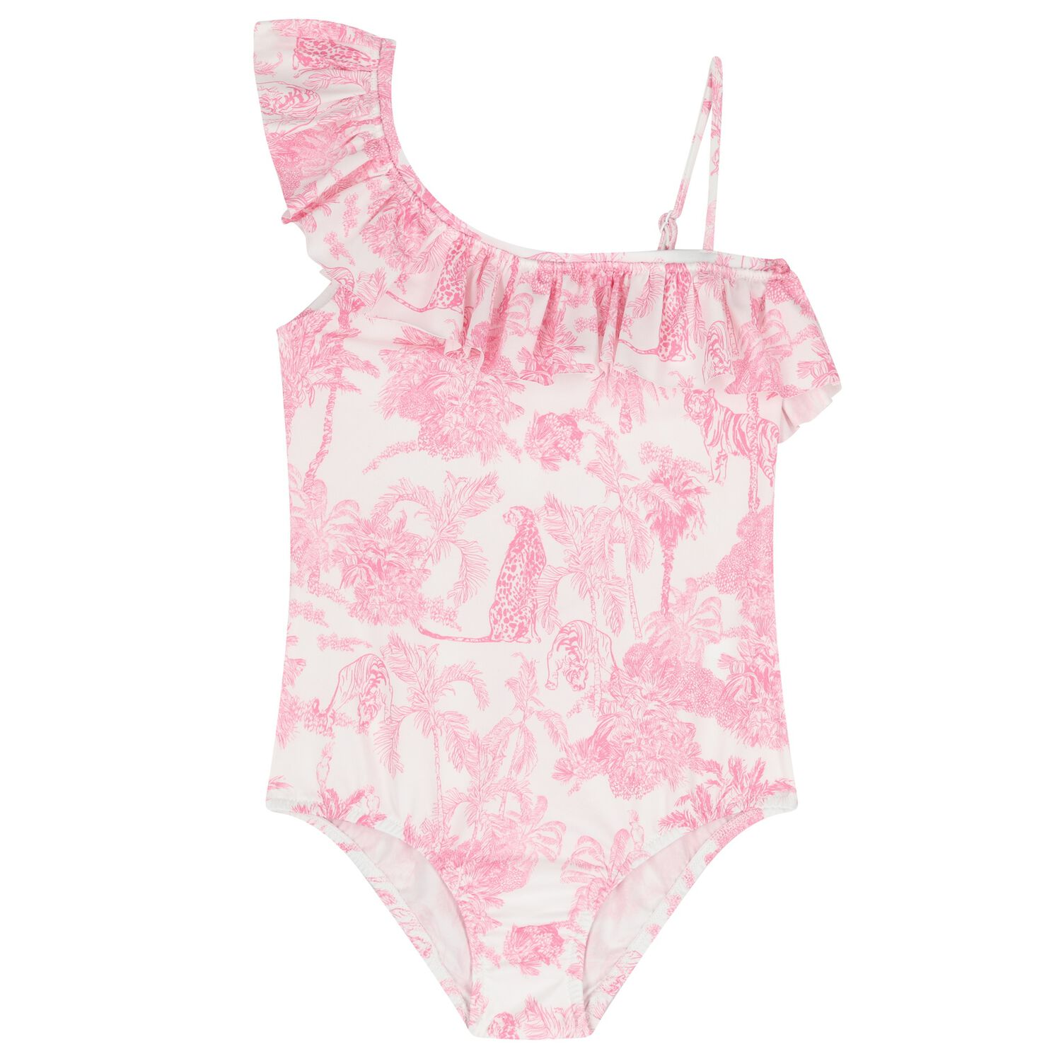 Girls White & Pink Palm Tree Swimsuit, 1, hi-res