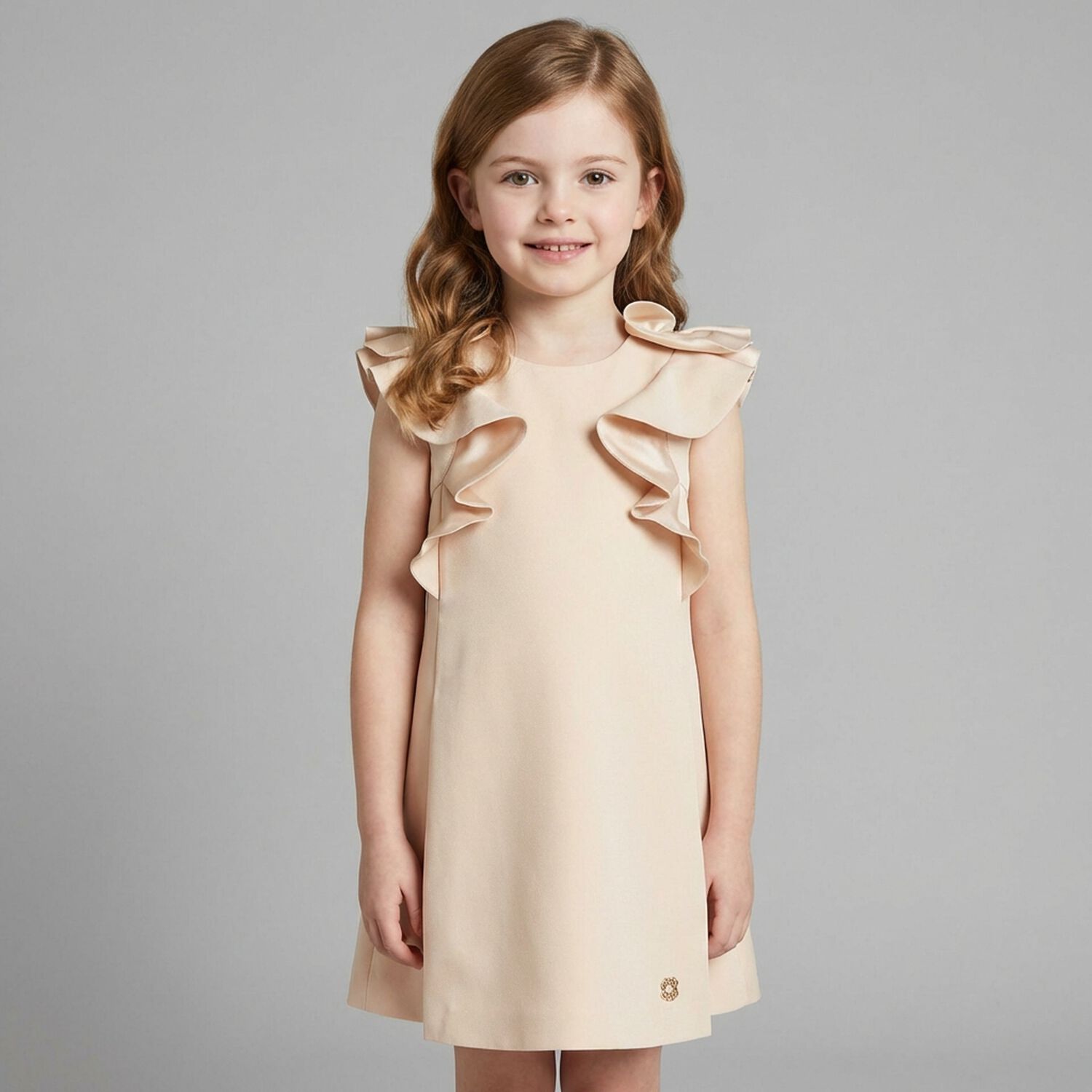 Girls Beige Satin Ruffle Dress, 1, hi-res