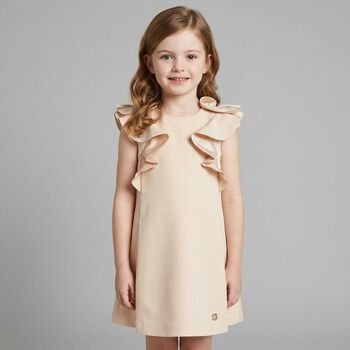 Girls Beige Satin Ruffle Dress