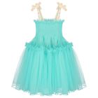 فستان تول مكشكش باللون الاخضر للبنات, 1, hi-res