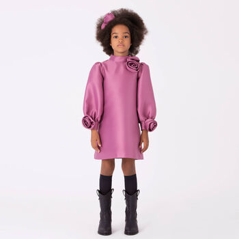 Girls Pink Flowers Satin Dress