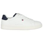 Boys White & Blue Logo Leather Trainers, 1, hi-res