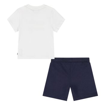 Younger Boys Mini Me Navy Blue & White Logo Shorts Set