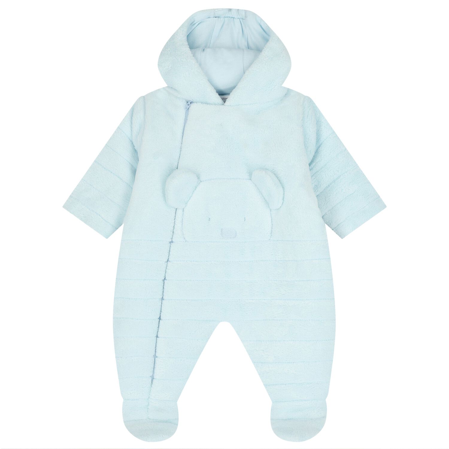 Baby Boys Blue Fleece Hooded Pramsuit, 1, hi-res