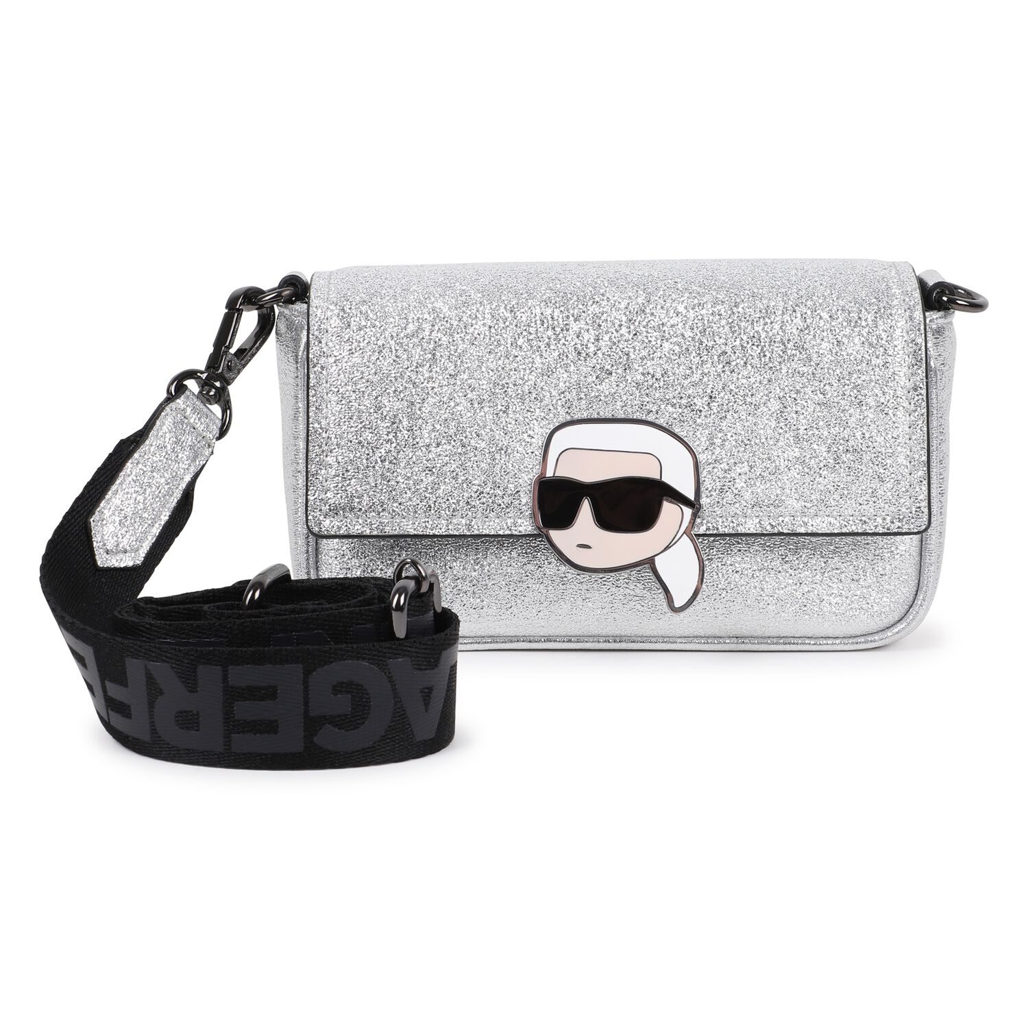 Girls Metallic Silver Ikonik Karl Logo Handbag, 1, hi-res