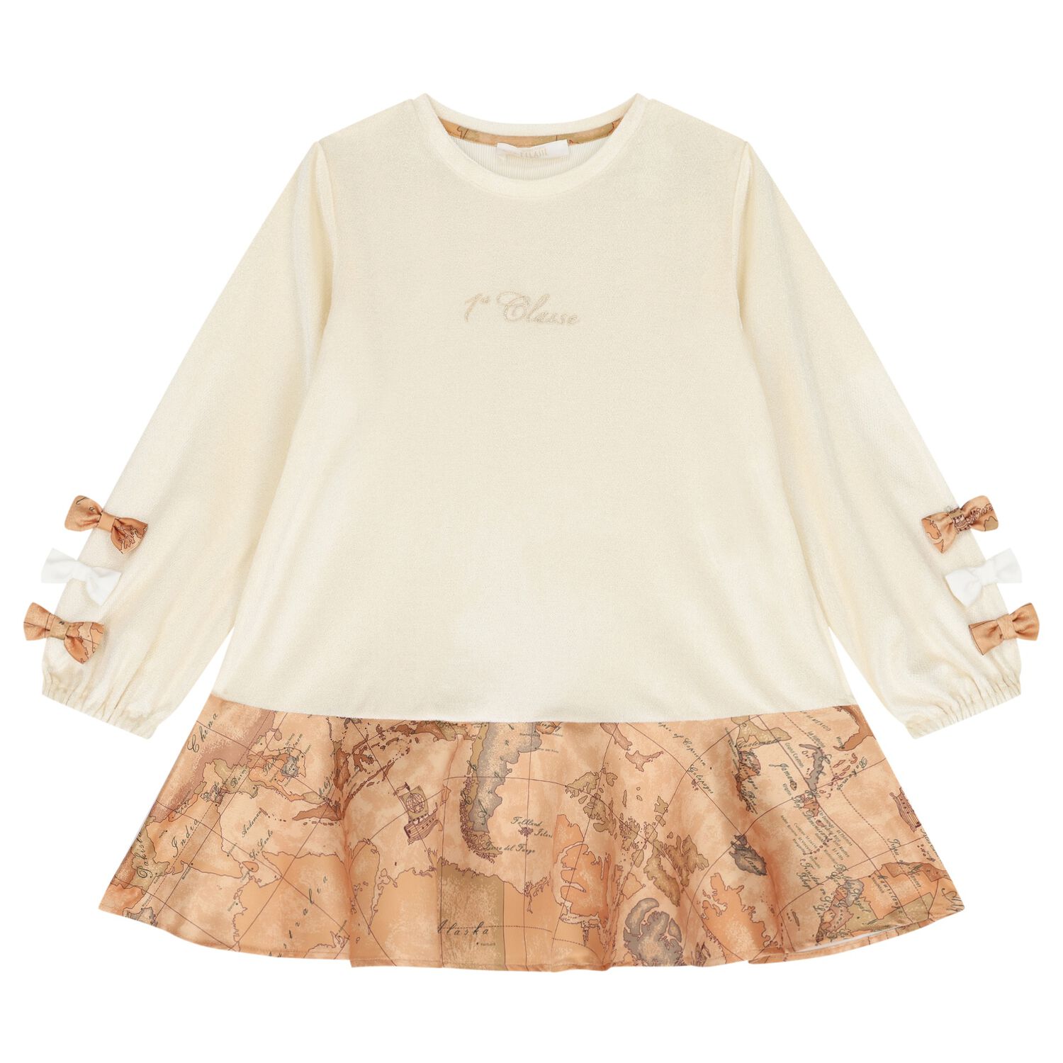 Girls Beige Geo Map Bow Dress, 1, hi-res