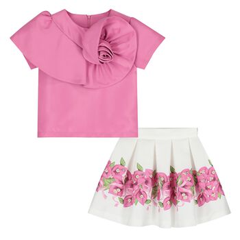 Girls Pink & White Floral Skirt Set