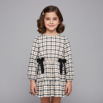 Girls Ivory & Black Bow Checkered Dress