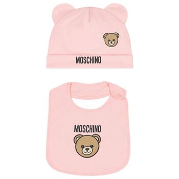 Baby Girls Pink Teddy Bear Logo Hat & Bib Gift Set