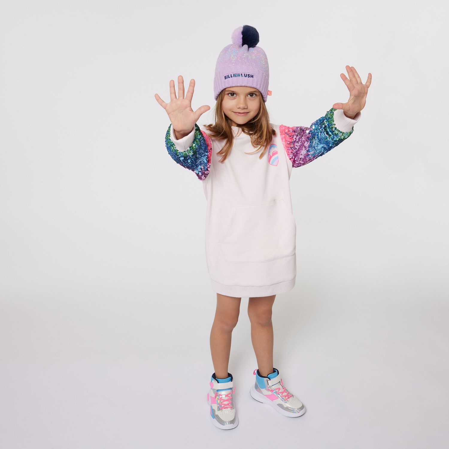 Girls Pink Sequin Sweatshirt Dress, 1, hi-res image number null