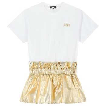 Girls White & Gold Logo Dress