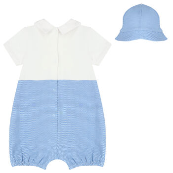 Baby Boys White & Blue Romper & Hat Set