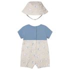 Baby Boys Blue & Beige Dungaree & Hat Set, 1, hi-res