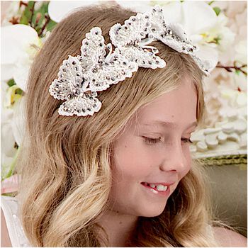  Girls White & Silver Butterfly Headband