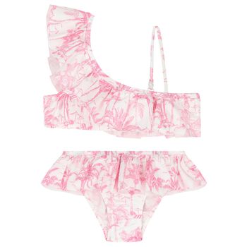 Girls White & Pink Palm Tree Bikini