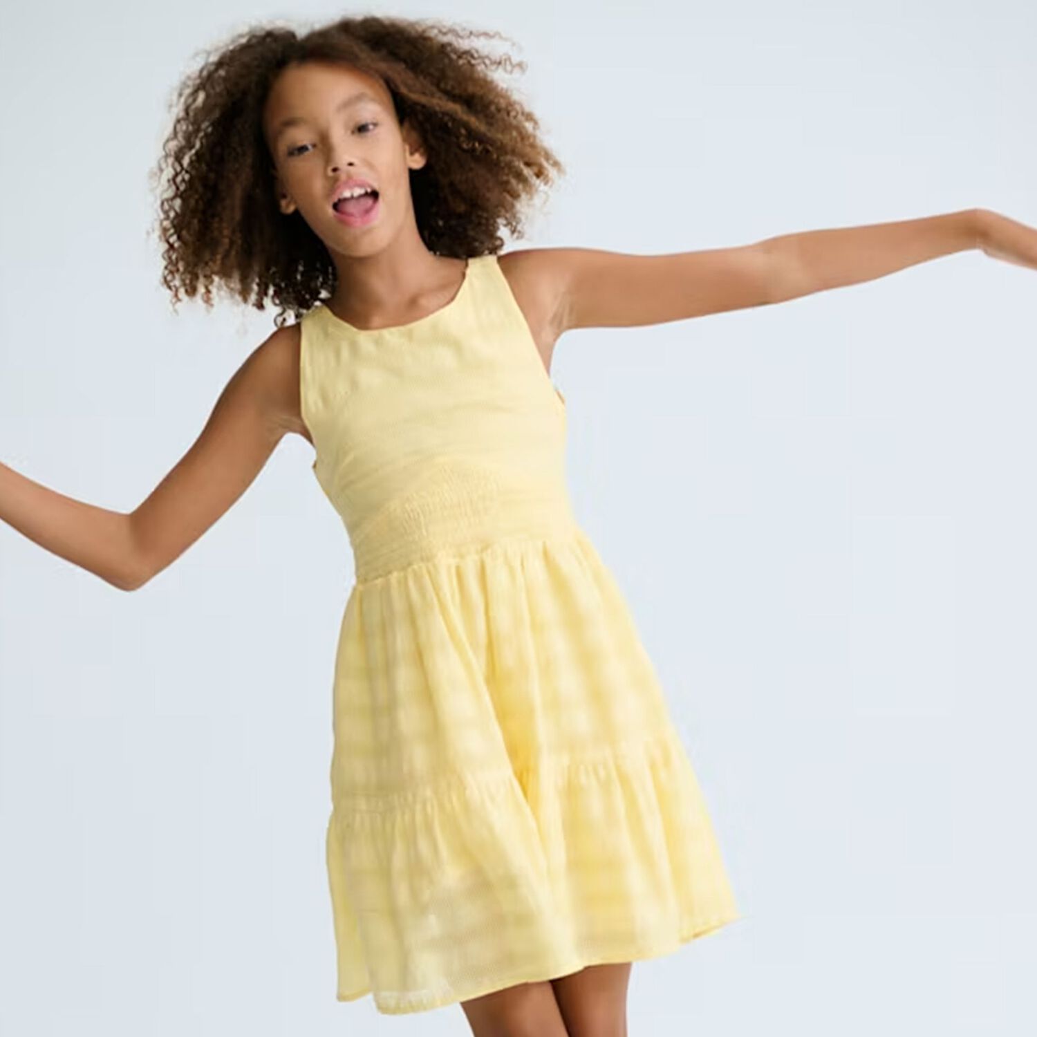 Girls Yellow Tiered Dress, 1, hi-res