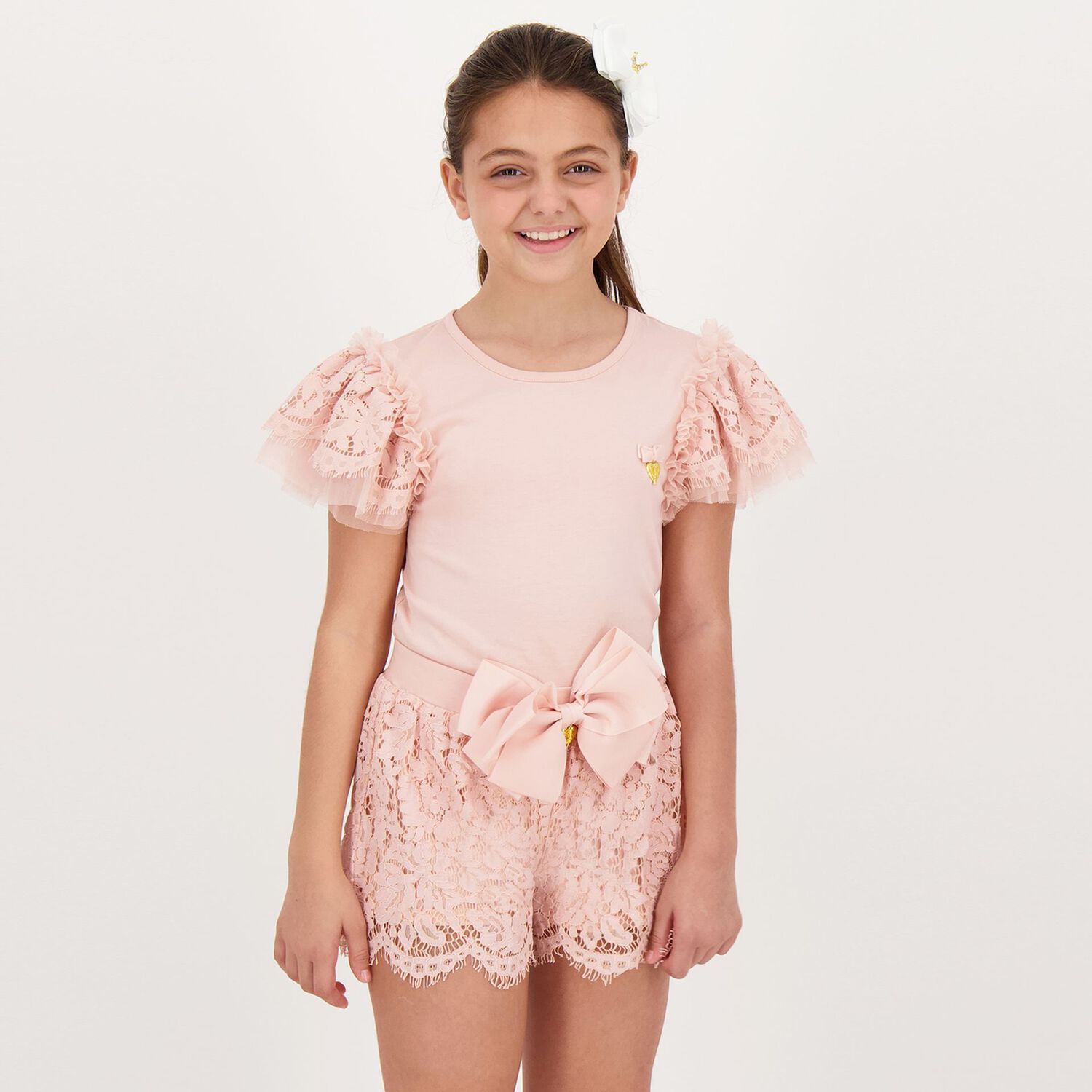 Girls Pink Lace Shorts, 3, hi-res